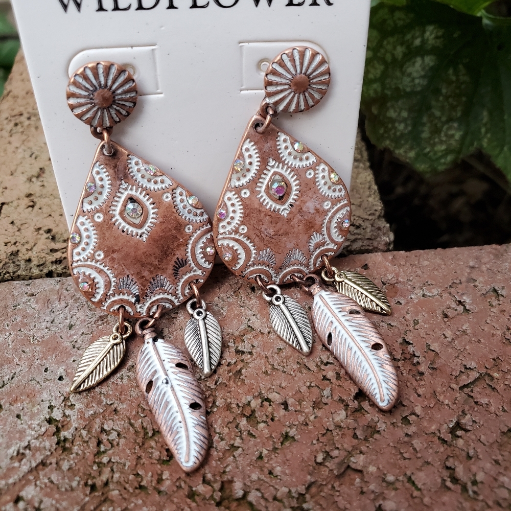 Free Spirit Boho Hippie People Burnished Etched metal Feather Dangle Earrings